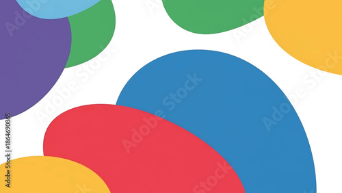 A vibrant abstract composition featuring overlapping, textured, rounded shapes in various bright colors against a white background, creating a visual harmony