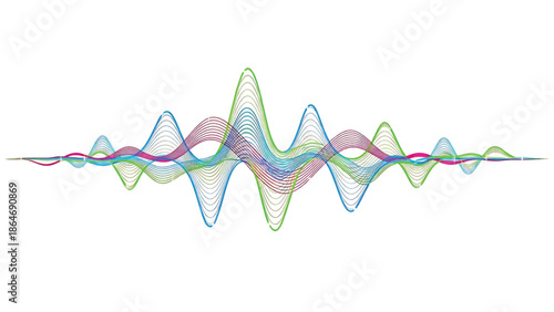 A vibrant abstract composition featuring overlapping, undulating lines in various colors against a stark white backdrop, creating a dynamic visual effect