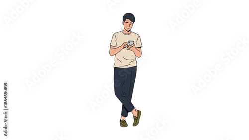 Young man casually using smartphone while standing with arms crossed wearing casual beige t-shirt