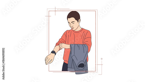 Young man checking his smartwatch while holding a jacket and looking at his wrist wearing casual