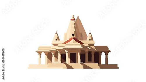 A vector illustration depicts a light beige and brown architectural structure with multiple tiers, steps, pillars, and a central spire