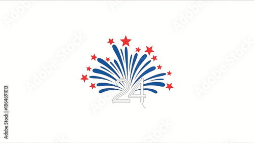 A vector illustration depicts a firework burst with red stars and blue streaks above the number "24" in a linear style against a white background