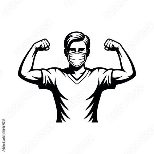 A strong man wearing a face mask flexes his muscles in a powerful pose