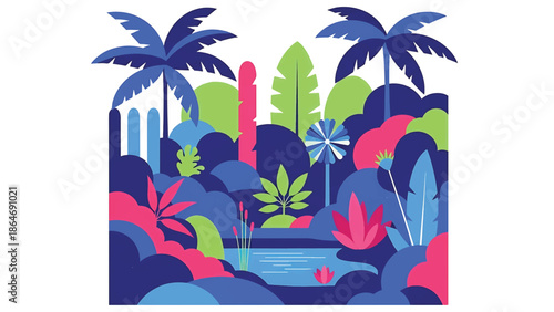 A vibrant, flat vector illustration of a tropical landscape with palm trees, lush foliage, a pond, and a variety of colorful plants