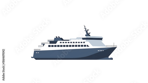 A vector illustration depicts a ferry, painted in shades of blue and white, with a textured effect against a plain white background