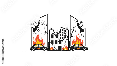 A vector illustration depicts a disaster scenario with a damaged building, burning cars, and flames. Buildings are cracked and cars have a fire icon