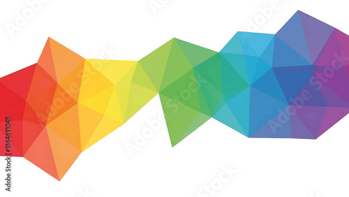 A vibrant abstract composition featuring a cascade of colorful, interconnected geometric shapes, arranged in shades, against a plain white background