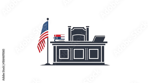 A vector illustration depicts a court room setting, featuring a judge's bench, chair, and books, complemented by a flag. The image is on a white background