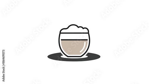 A vector illustration depicts a coffee beverage in a rounded glass on a dark saucer, with foamy top layers. Minimalist art