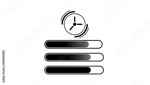 A vector illustration depicts a clock symbol above three progress bars, indicating process or time. The elements are rendered in grayscale