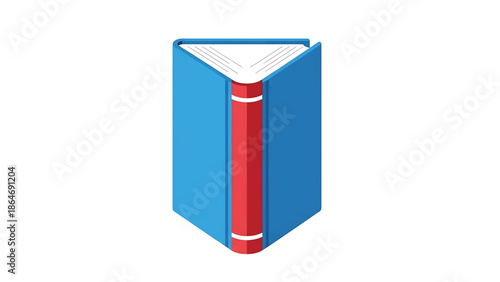 A vertical illustration of a book with open pages. The covers are a light blue, with a red spine and white pages. It's against a white background