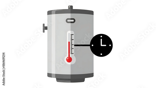 A vertical cylindrical appliance with a thermometer showing temperature and connected clock for time monitoring. Simple flat design