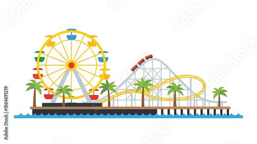A vibrant cartoon depiction of an amusement park scene featuring a Ferris wheel, a roller coaster, palm trees, and the ocean. The scene evokes fun