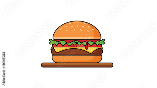 A vibrant cartoon illustration of a classic sandwich. It has sesame seed bun, lettuce, tomato, cheese and a burger