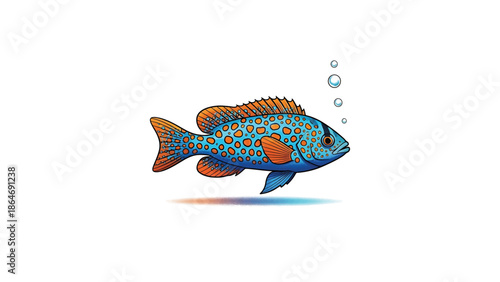 A vibrant cartoon illustration of a fish with blue scales and orange spots, with bubbles floating up, set against white