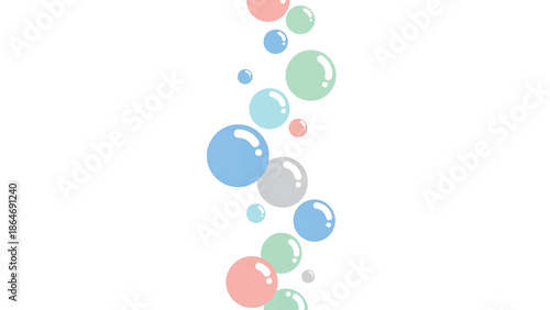 A vertical cascade of colorful, translucent spheres, bubbles, floats against a plain white background, appearing as if ascending