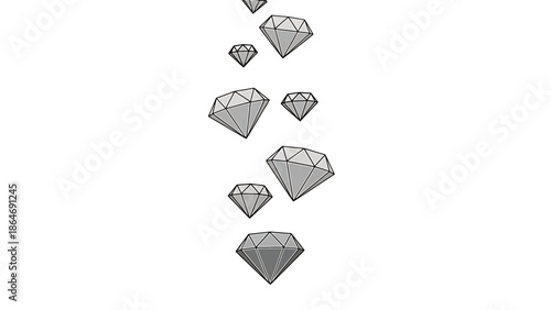 A vertical arrangement of gray, faceted geometric shapes, reminiscent of gemstones, descends against a white backdrop. The shapes vary in size