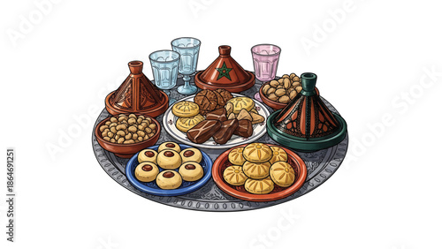 A vibrant, detailed illustration depicts a table laden with North African treats pastries, nuts, tagines, and glasses of water. It sits on a decorative tray
