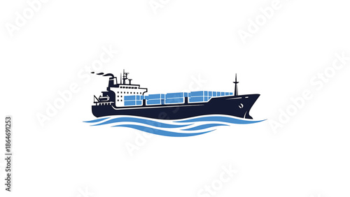 A vectorized illustration shows a cargo ship in dark blue and white, with containers. Wavy lines represent the ocean