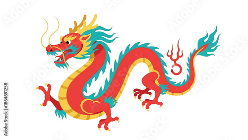 A vibrant, detailed illustration features a stylized, mythical creature with a red body, turquoise and yellow accents, and sharp claws. The artwork is set against a clean white background