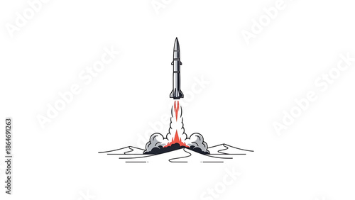 A vectorized illustration shows a rocket launching. Smoke billows from the base as it ascends from a line-drawn landscape