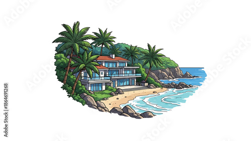 A vibrant cartoon illustration of a modern coastal home with palm trees, sandy beach, and ocean waves