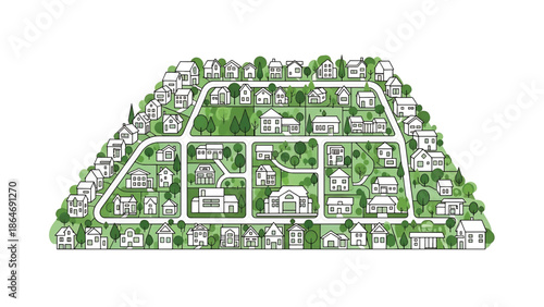 A vectorized illustration showcases a detailed aerial view of a residential community, with buildings and roads