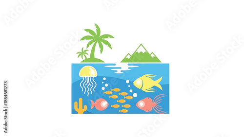 A vibrant, cartoon illustration showing an ocean scene with fish, jellyfish, and coral. Palm trees and mountains complete the landscape