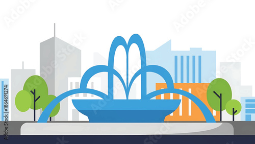 A vectorized illustration showcases a vibrant urban scene, with a stylized fountain at the forefront, trees, and buildings against a clean white backdrop