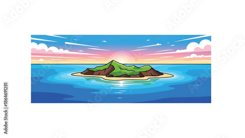A vibrant cartoon island scene depicts a small landmass surrounded by ocean. The sunset sky displays pastel hues with clouds
