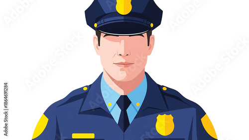 A vectorized illustration of a person dressed in a blue uniform and a cap. The individual has a serious expression