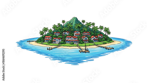 A vibrant cartoon island scene features houses nestled on lush green hills and palm trees with a shoreline, piers and clear turquoise water