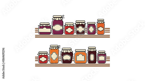 A vectorized illustration features two shelves with jars of various sizes and hues. The jars hold preserves, each with lid