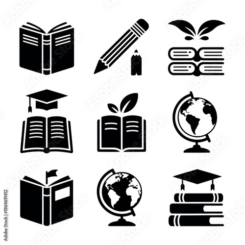 A collection of black and white educational icons featuring books, globes, and graduation caps on a white background