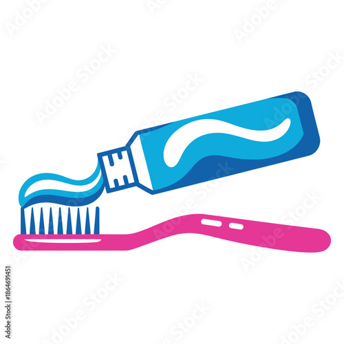 A tube of toothpaste squeezing onto a pink toothbrush on a white background