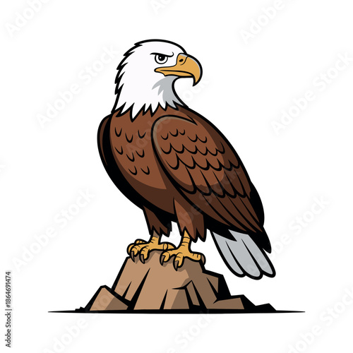 A cartoon bald eagle perched on a tree stump against a white background