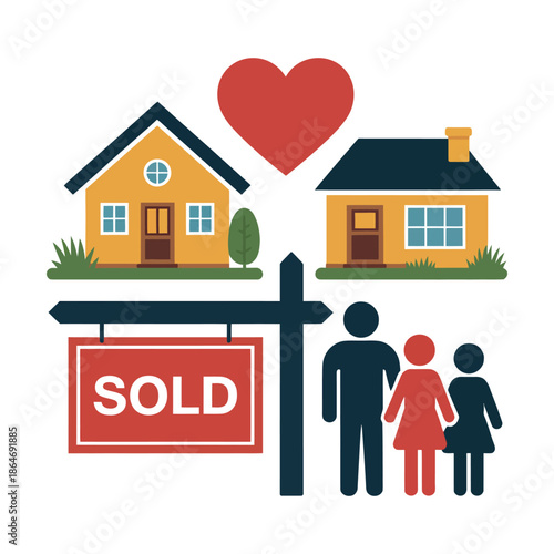 A happy family standing next to a sold real estate sign with two houses and a heart above them