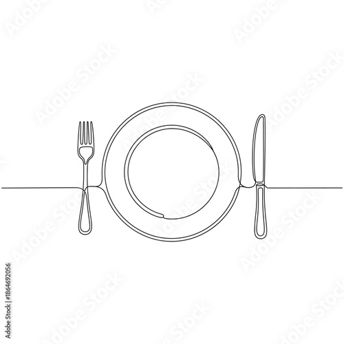 Empty white plate with a clean silverware set of metal fork, spoon, and knife isolated on a kitchen table for a restaurant dinner meal setting