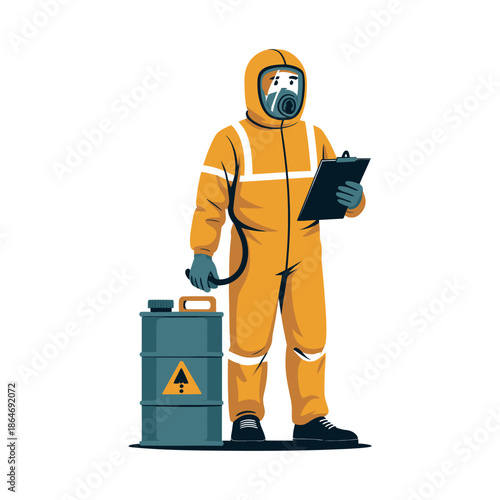 A person in a hazmat suit stands next to a barrel with a clipboard in hand.