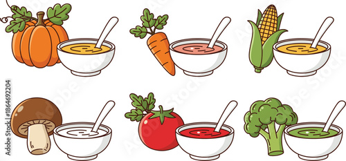 Vegetable soup bowls with fresh ingredients pumpkin carrot corn mushroom tomato broccoli vector illustration