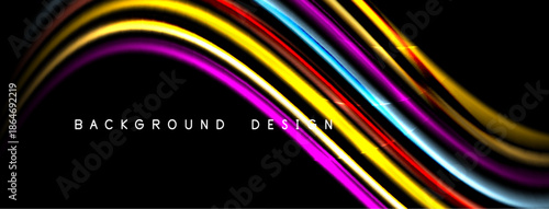 Abstract colorful lines flow across black space. Dynamic curves create modern visual impact. Bright hues contrast dark backdrop.