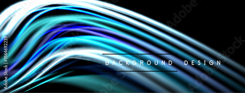 Abstract flowing lines, vibrant blues, whites over black background. Modern design element, smooth gradients create dynamic visual effect.