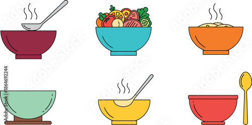 Set of colorful bowls with soup salad and food line vector illustration isolated on white background