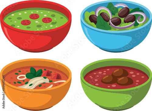 Food bowls vector set with soup salad and healthy meals colorful dishes isolated on white background