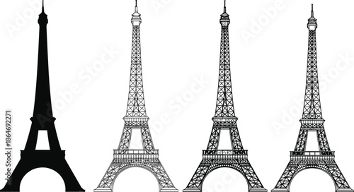 Eiffel Tower silhouette and outline illustration set showing iconic Paris landmark designs, isolated on white background for travel, architecture, and tourism projects