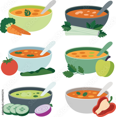 Vegetable soup bowls vector set with healthy homemade soups carrots tomatoes celery and fresh ingredients isolated