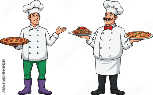 Italian chef character vector set holding pizza and pasta dishes cartoon cooks for restaurant menu and food branding