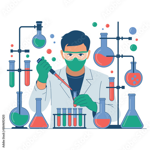 A scientist in a lab coat carefully conducts an experiment with various colorful chemicals and equipment.