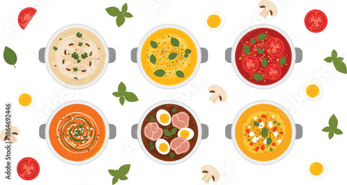 Soup bowls top view vector set with tomato mushroom vegetable cream soups and fresh ingredients isolated