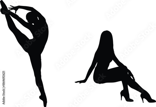 Female dance silhouettes showing yoga flexibility and high heel fashion poses, elegant black and white body balance art isolated on white background